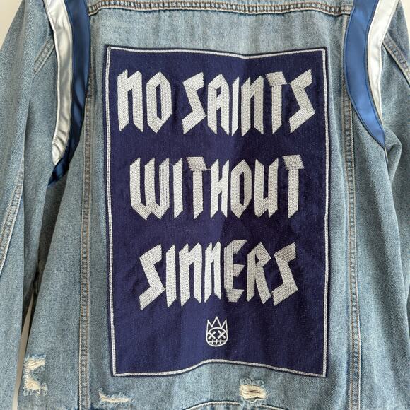 Cult of Individuality Denim Jacket Mens XXL No Saints Without Sinners Distressed - Picture 3 of 11